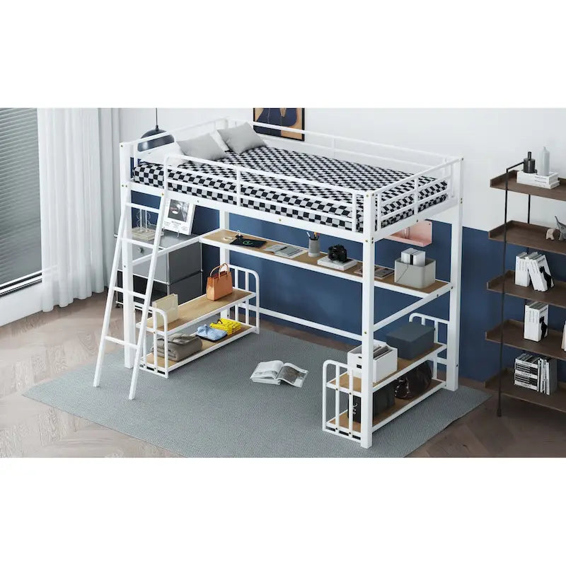Twin Size Metal Loft Bed with Desk, Storage Shelves and Charging Station