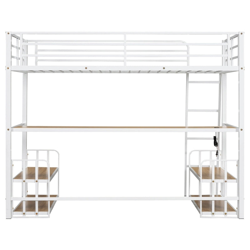 Twin Size Metal Loft Bed with Desk, Storage Shelves and Charging Station