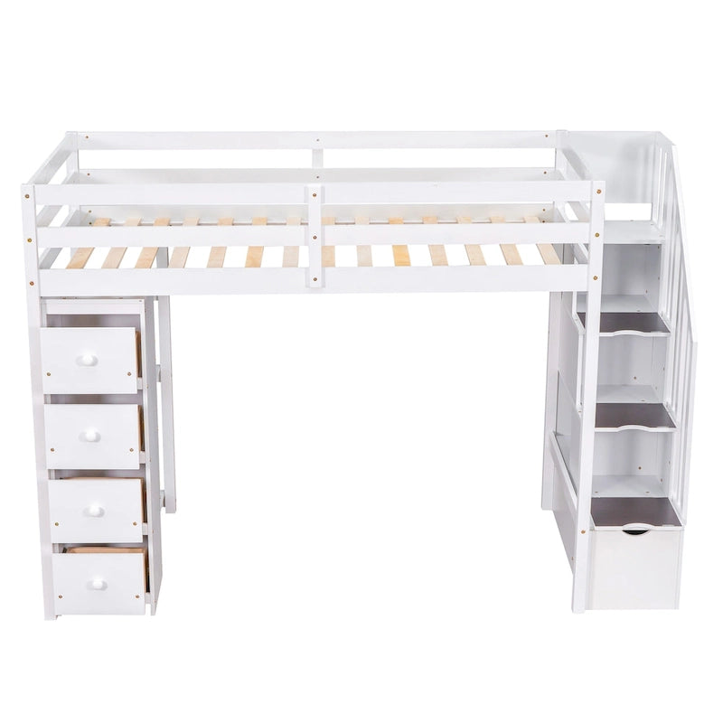 Twin size Loft Bed with Storage Drawers and Stairs, Wooden Loft Bed with Shelves