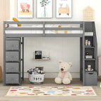 Twin size Loft Bed with Storage Drawers and Stairs, Wooden Loft Bed with Shelves