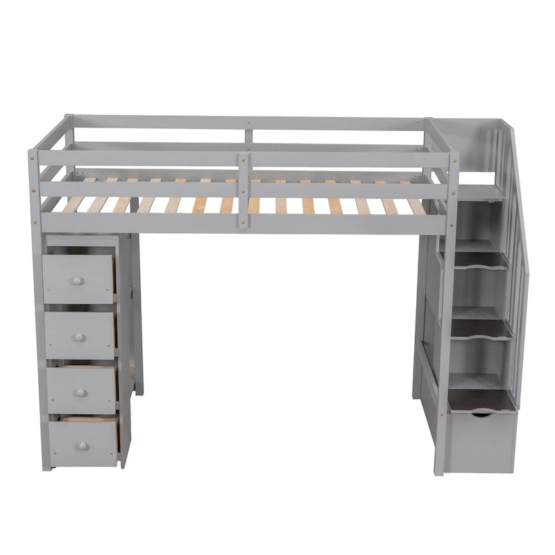 Twin size Loft Bed with Storage Drawers and Stairs, Wooden Loft Bed with Shelves