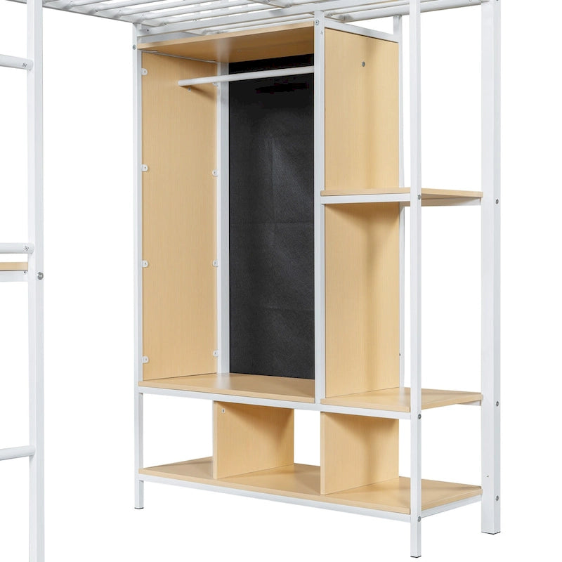 Twin Size Metal Loft Bed with Built-in Wardrobe, Desk and Shelves