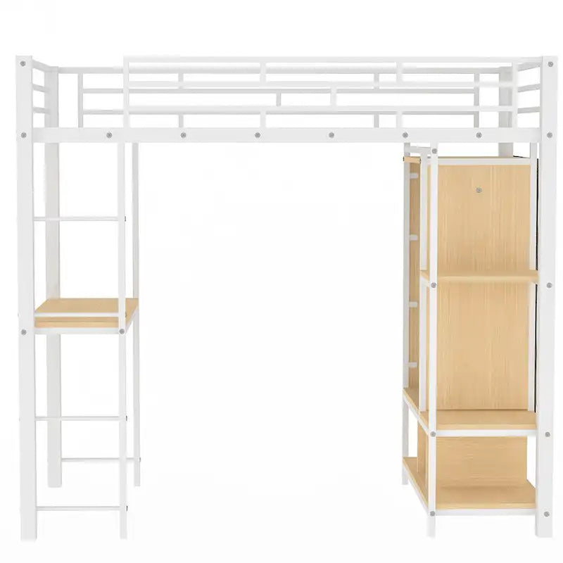 Twin Size Metal Loft Bed with Built-in Wardrobe, Desk and Shelves