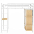 Twin Size Metal Loft Bed with Built-in Wardrobe, Desk and Shelves