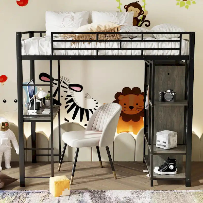 Twin Size Metal Loft Bed with Built-in Wardrobe, Desk and Shelves