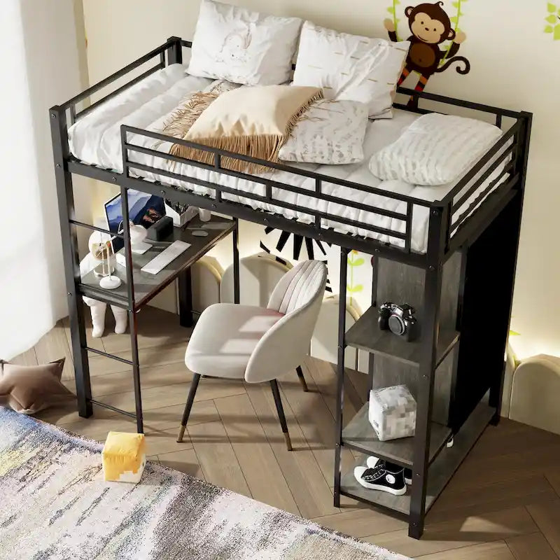 Twin Size Metal Loft Bed with Built-in Wardrobe, Desk and Shelves