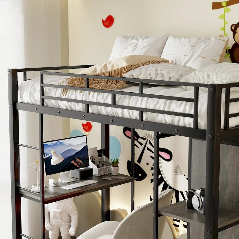 Twin Size Metal Loft Bed with Built-in Wardrobe, Desk and Shelves