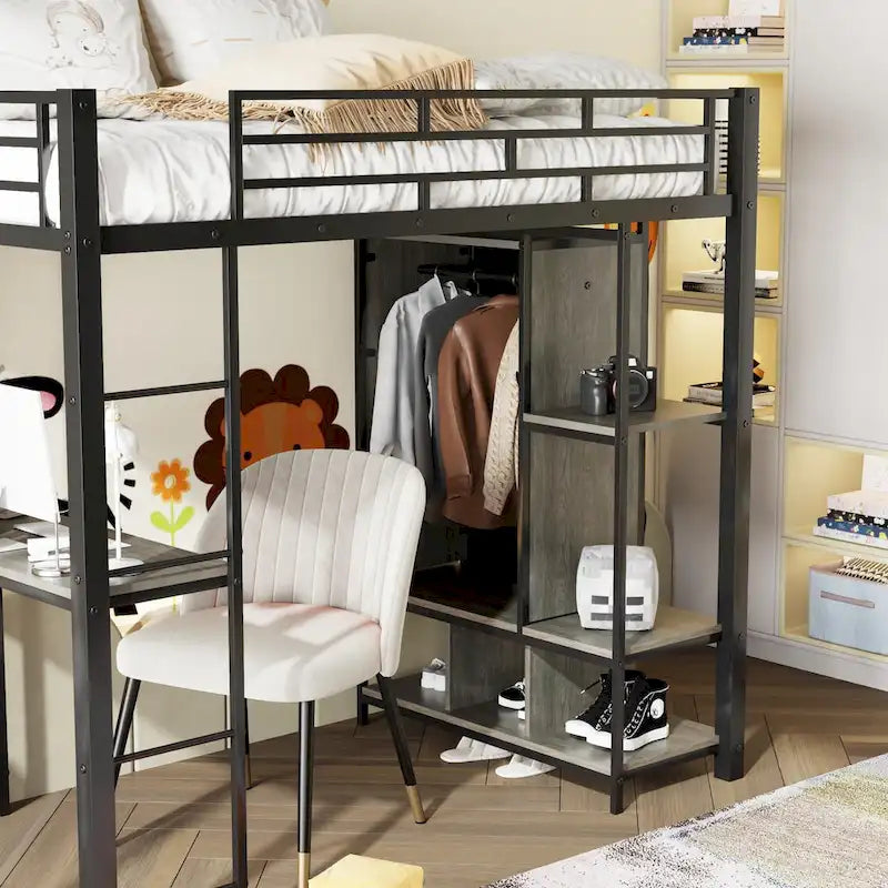 Twin Size Metal Loft Bed with Built-in Wardrobe, Desk and Shelves
