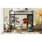 Twin Size Metal Loft Bed with Built-in Wardrobe, Desk and Shelves