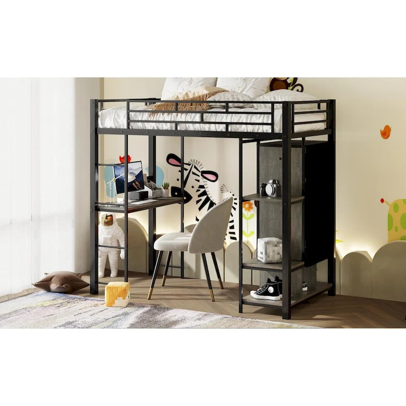 Twin Size Metal Loft Bed with Built-in Wardrobe, Desk and Shelves