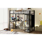 Twin Size Metal Loft Bed with Built-in Wardrobe, Desk and Shelves