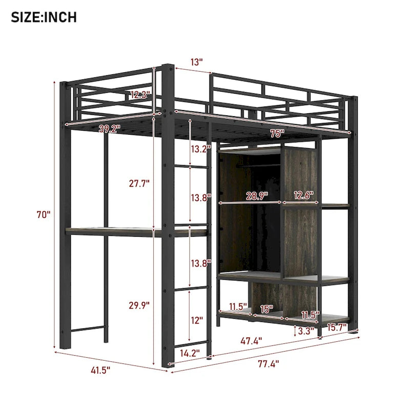 Twin Size Metal Loft Bed with Built-in Wardrobe, Desk and Shelves