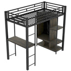 Twin Size Metal Loft Bed with Built-in Wardrobe, Desk and Shelves