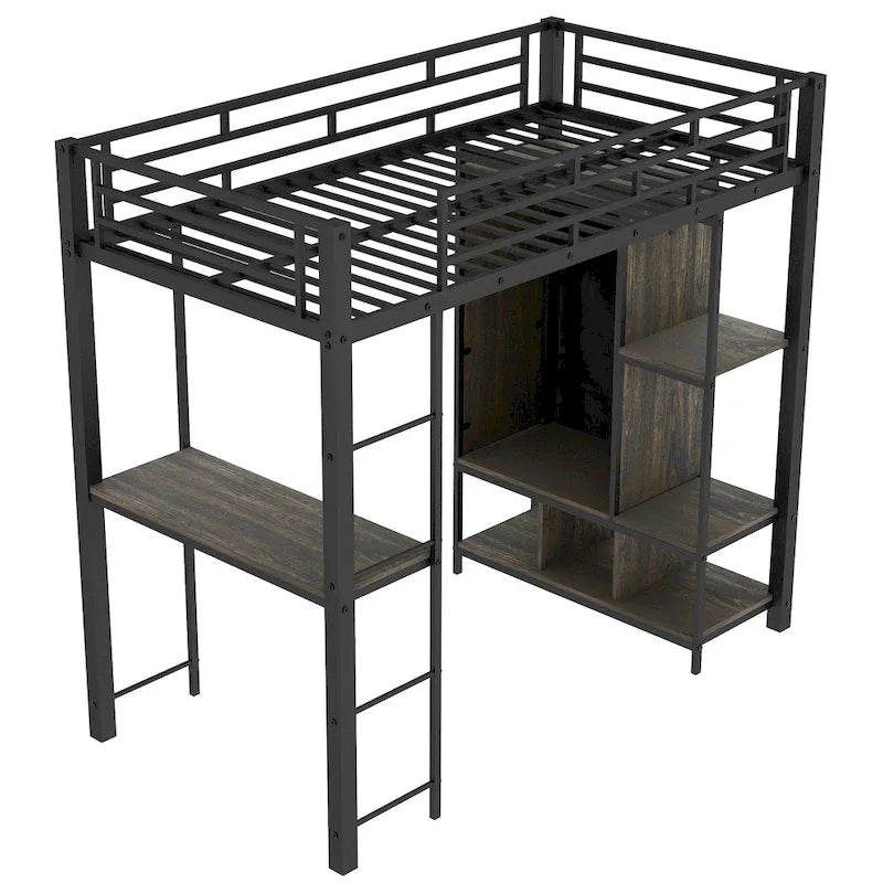 Twin Size Metal Loft Bed with Built-in Wardrobe, Desk and Shelves