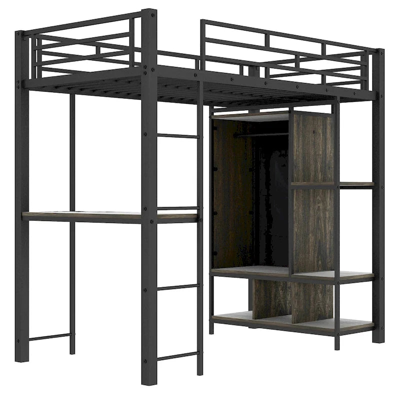 Twin Size Metal Loft Bed with Built-in Wardrobe, Desk and Shelves