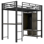 Twin Size Metal Loft Bed with Built-in Wardrobe, Desk and Shelves