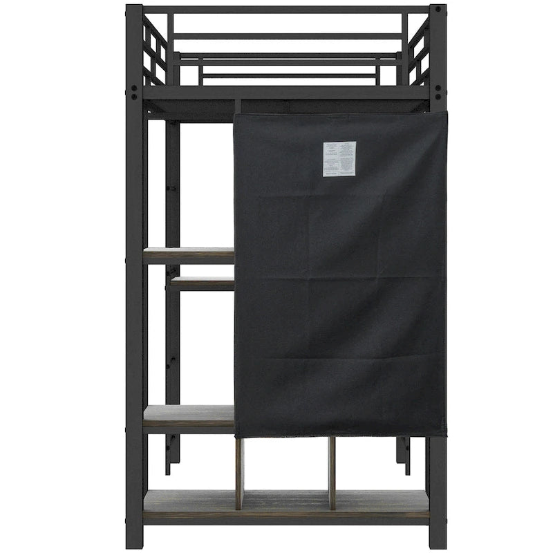 Twin Size Metal Loft Bed with Built-in Wardrobe, Desk and Shelves