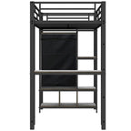 Twin Size Metal Loft Bed with Built-in Wardrobe, Desk and Shelves