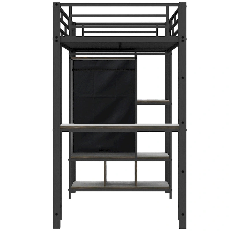 Twin Size Metal Loft Bed with Built-in Wardrobe, Desk and Shelves
