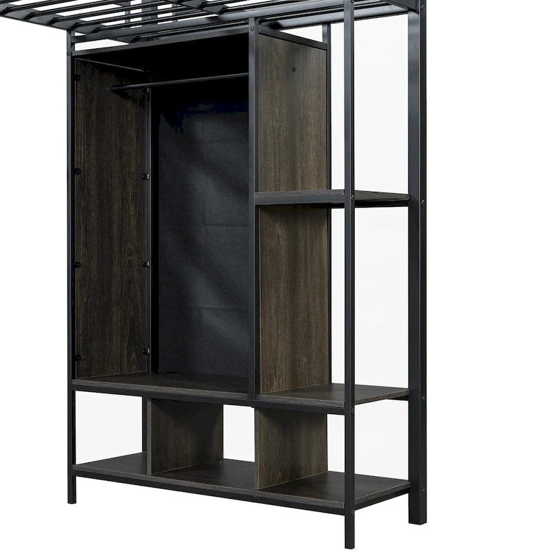 Twin Size Metal Loft Bed with Built-in Wardrobe, Desk and Shelves