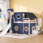 Full Loft Bed with Castle Tent & Tower, Solid Wood Frame & Playhouse Design