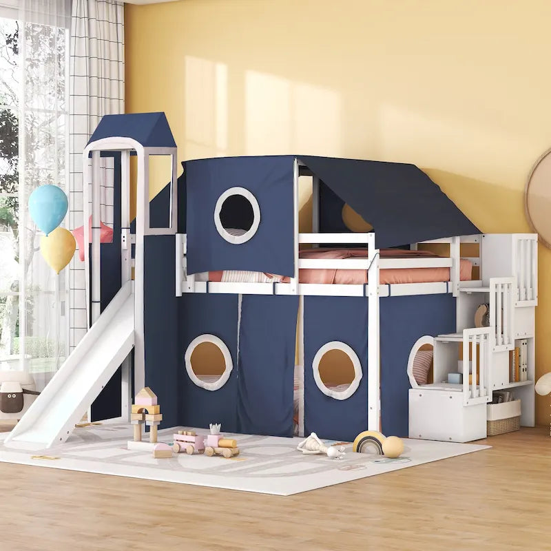 Full Loft Bed with Castle Tent & Tower, Solid Wood Frame & Playhouse Design