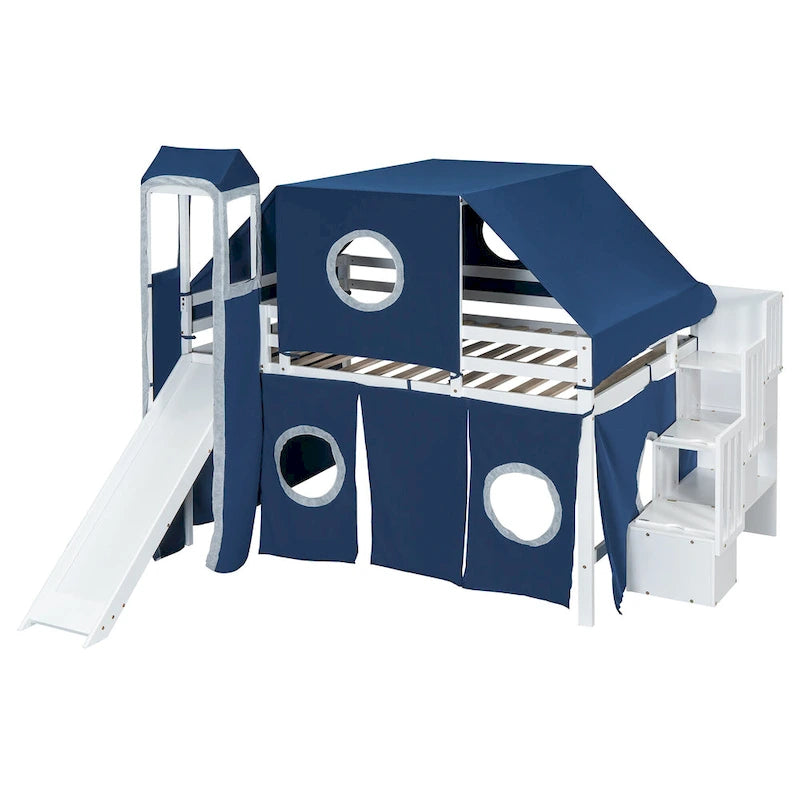 Full Loft Bed with Castle Tent & Tower, Solid Wood Frame & Playhouse Design