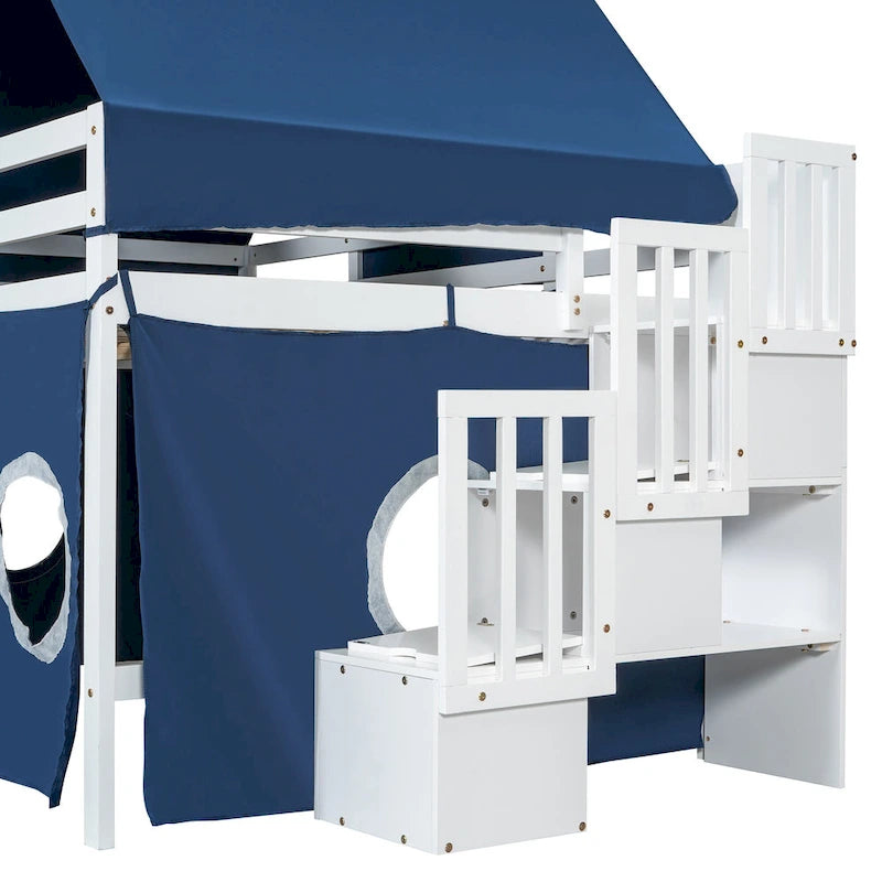 Full Loft Bed with Castle Tent & Tower, Solid Wood Frame & Playhouse Design