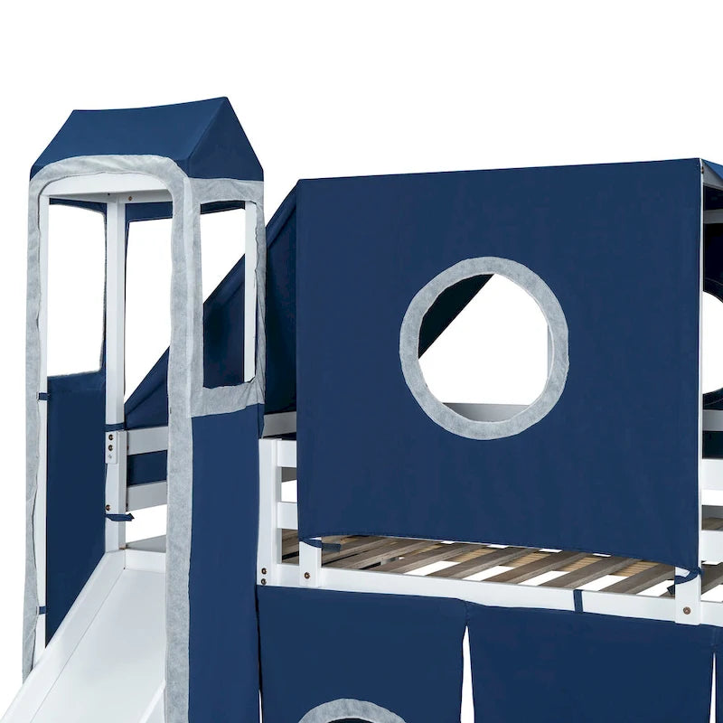 Full Loft Bed with Castle Tent & Tower, Solid Wood Frame & Playhouse Design