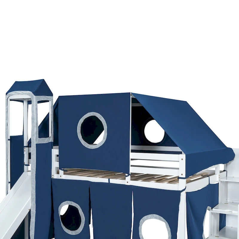Full Loft Bed with Castle Tent & Tower, Solid Wood Frame & Playhouse Design