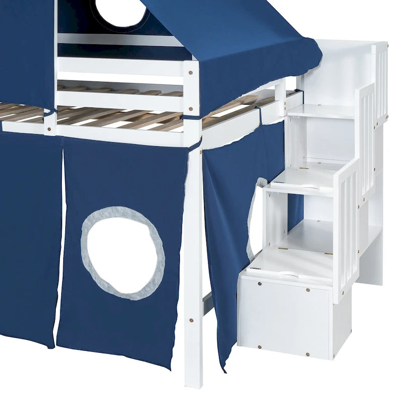 Full Loft Bed with Castle Tent & Tower, Solid Wood Frame & Playhouse Design
