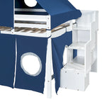 Full Loft Bed with Castle Tent & Tower, Solid Wood Frame & Playhouse Design