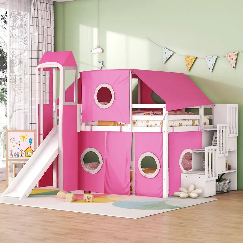 Full Loft Bed with Castle Tent & Tower, Solid Wood Frame & Playhouse Design