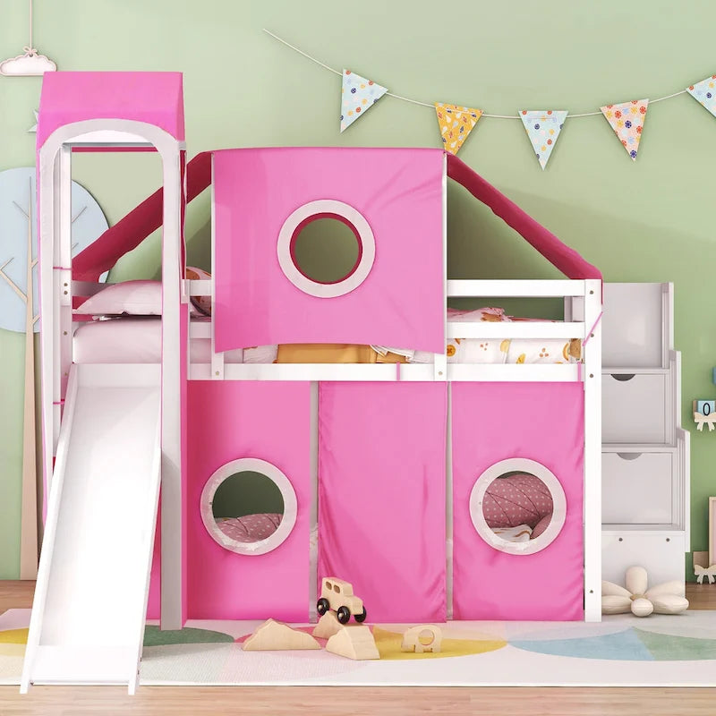 Full Loft Bed with Castle Tent & Tower, Solid Wood Frame & Playhouse Design