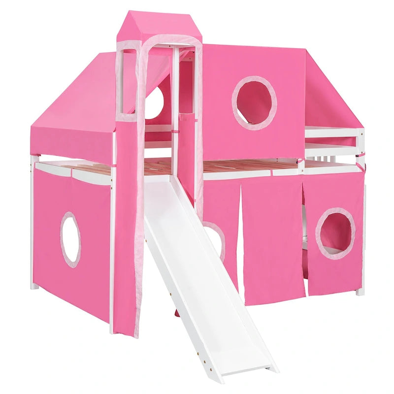 Full Loft Bed with Castle Tent & Tower, Solid Wood Frame & Playhouse Design