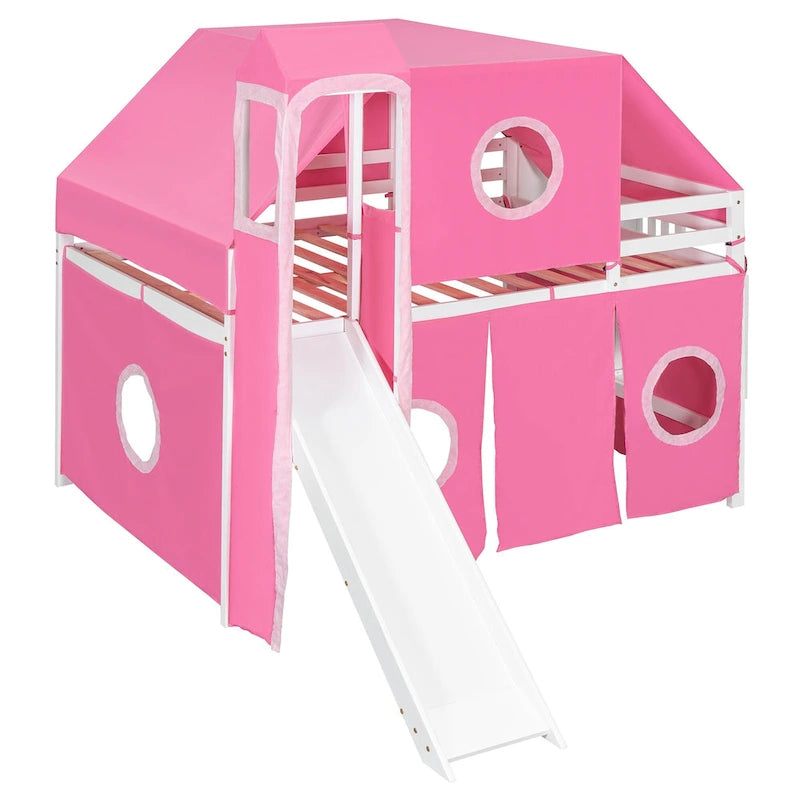 Full Loft Bed with Castle Tent & Tower, Solid Wood Frame & Playhouse Design