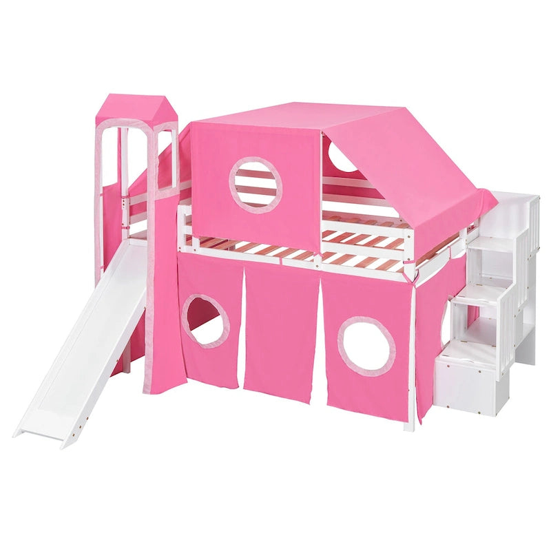 Full Loft Bed with Castle Tent & Tower, Solid Wood Frame & Playhouse Design