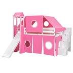 Full Loft Bed with Castle Tent & Tower, Solid Wood Frame & Playhouse Design