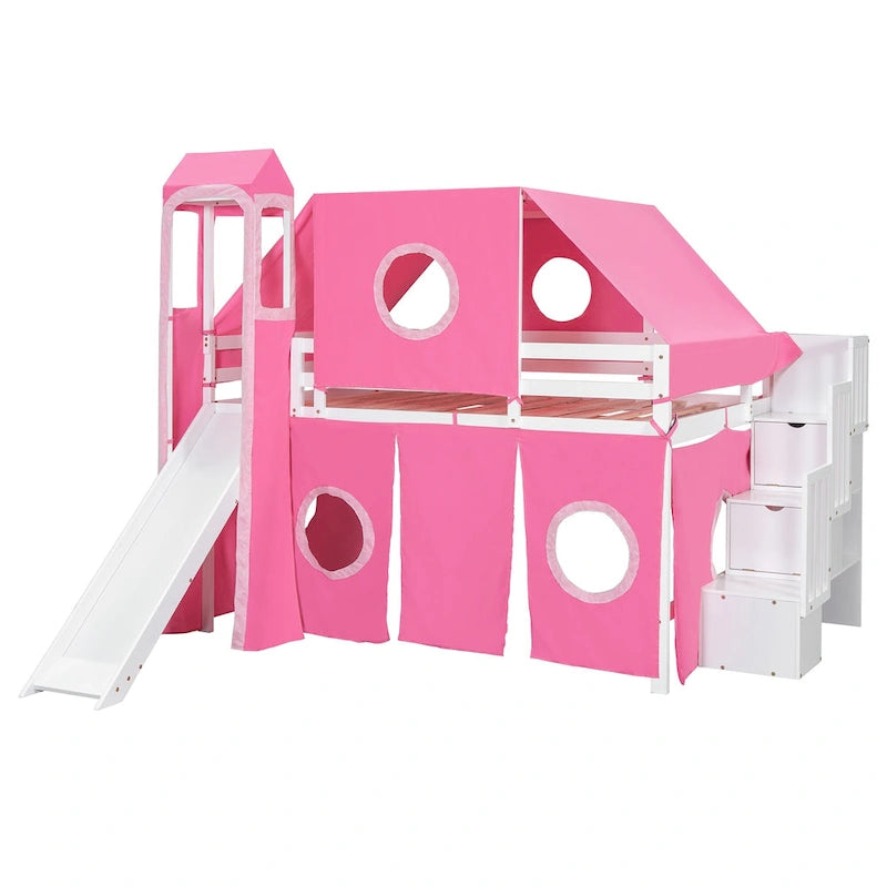 Full Loft Bed with Castle Tent & Tower, Solid Wood Frame & Playhouse Design