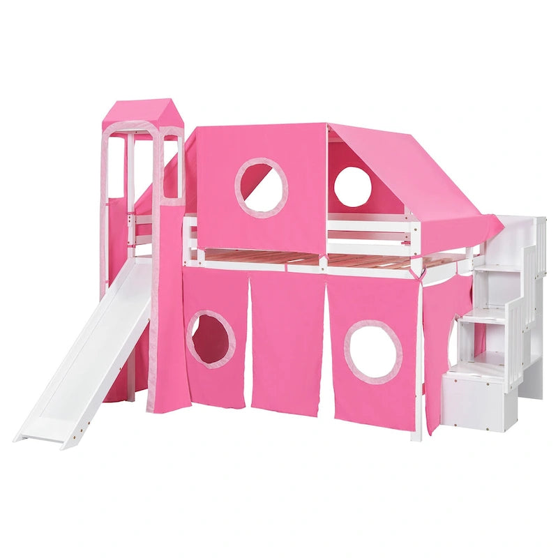 Full Loft Bed with Castle Tent & Tower, Solid Wood Frame & Playhouse Design