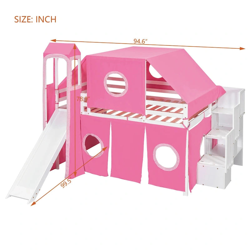 Full Loft Bed with Castle Tent & Tower, Solid Wood Frame & Playhouse Design