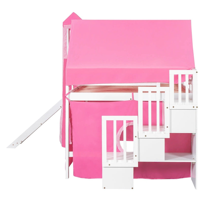 Full Loft Bed with Castle Tent & Tower, Solid Wood Frame & Playhouse Design