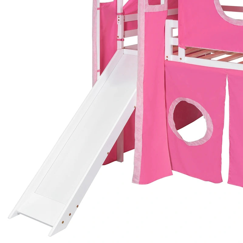 Full Loft Bed with Castle Tent & Tower, Solid Wood Frame & Playhouse Design