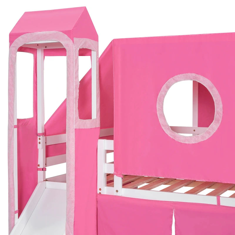 Full Loft Bed with Castle Tent & Tower, Solid Wood Frame & Playhouse Design