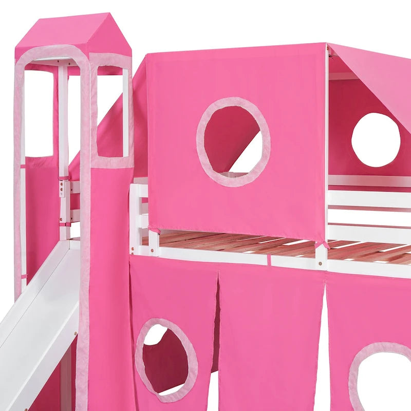 Full Loft Bed with Castle Tent & Tower, Solid Wood Frame & Playhouse Design