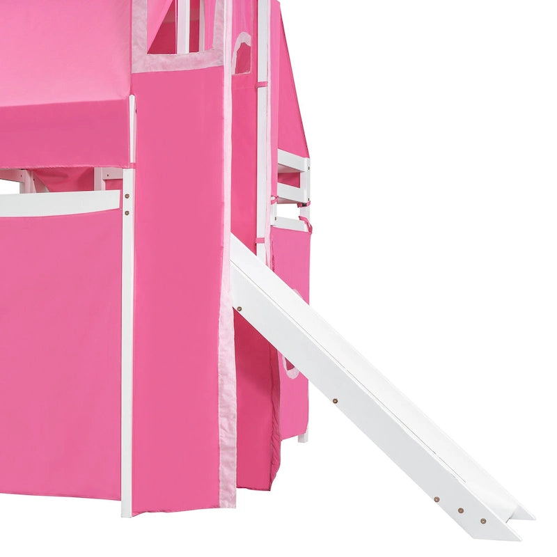 Full Loft Bed with Castle Tent & Tower, Solid Wood Frame & Playhouse Design