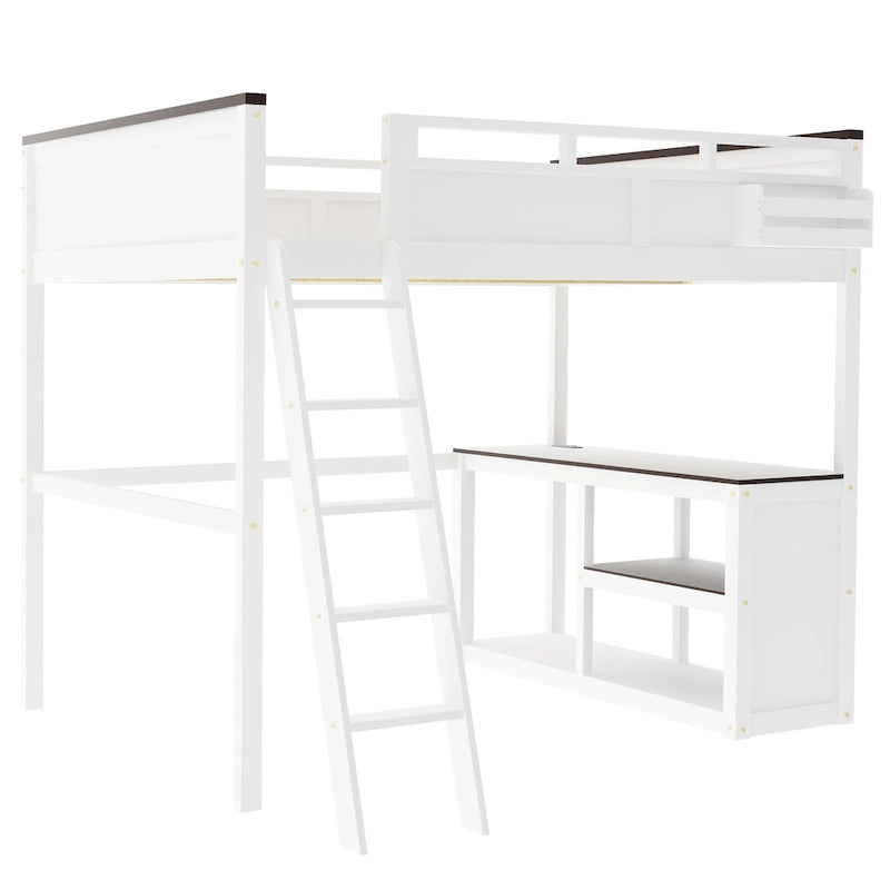 Pine Queen Loft Bed with Desk, Storage & USB