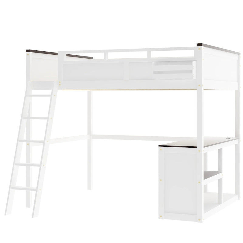 Pine Queen Loft Bed with Desk, Storage & USB