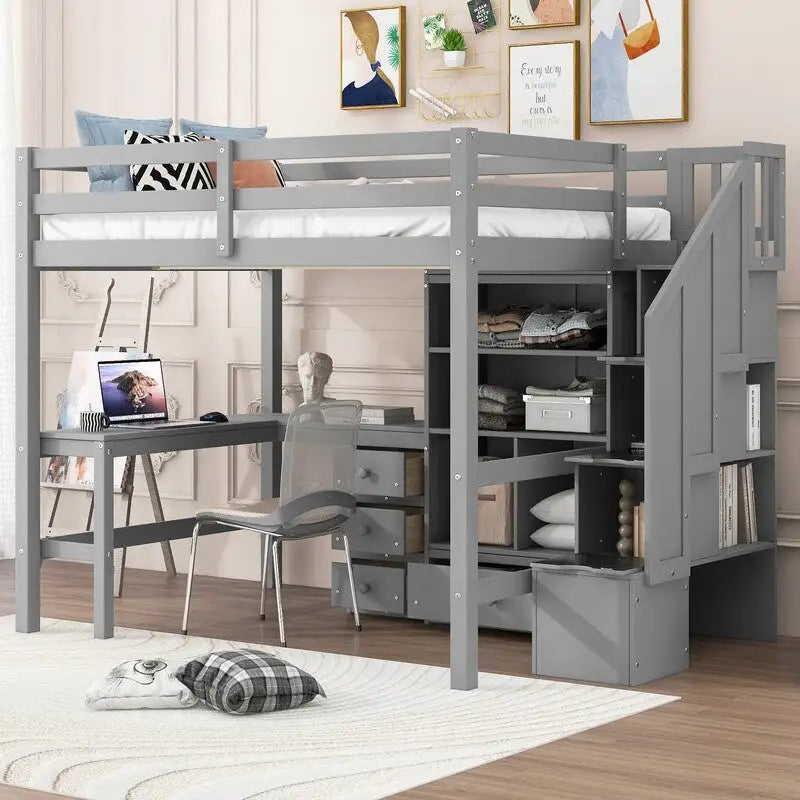 Full Size Wood Loft Bed with L-Shaped Desk and Drawers, Cabinet and Storage Staircase