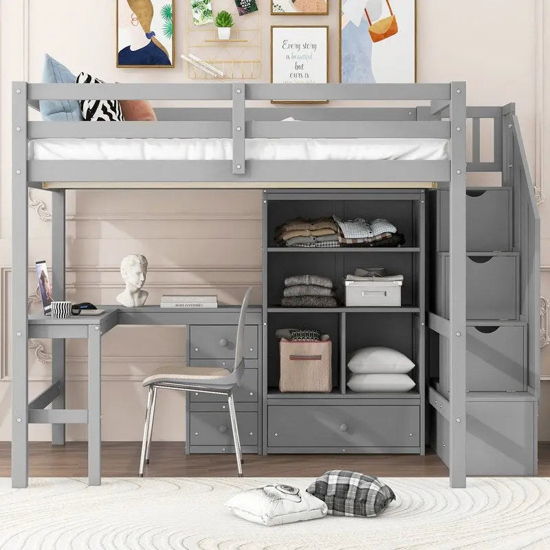 Full Size Wood Loft Bed with L-Shaped Desk and Drawers, Cabinet and Storage Staircase